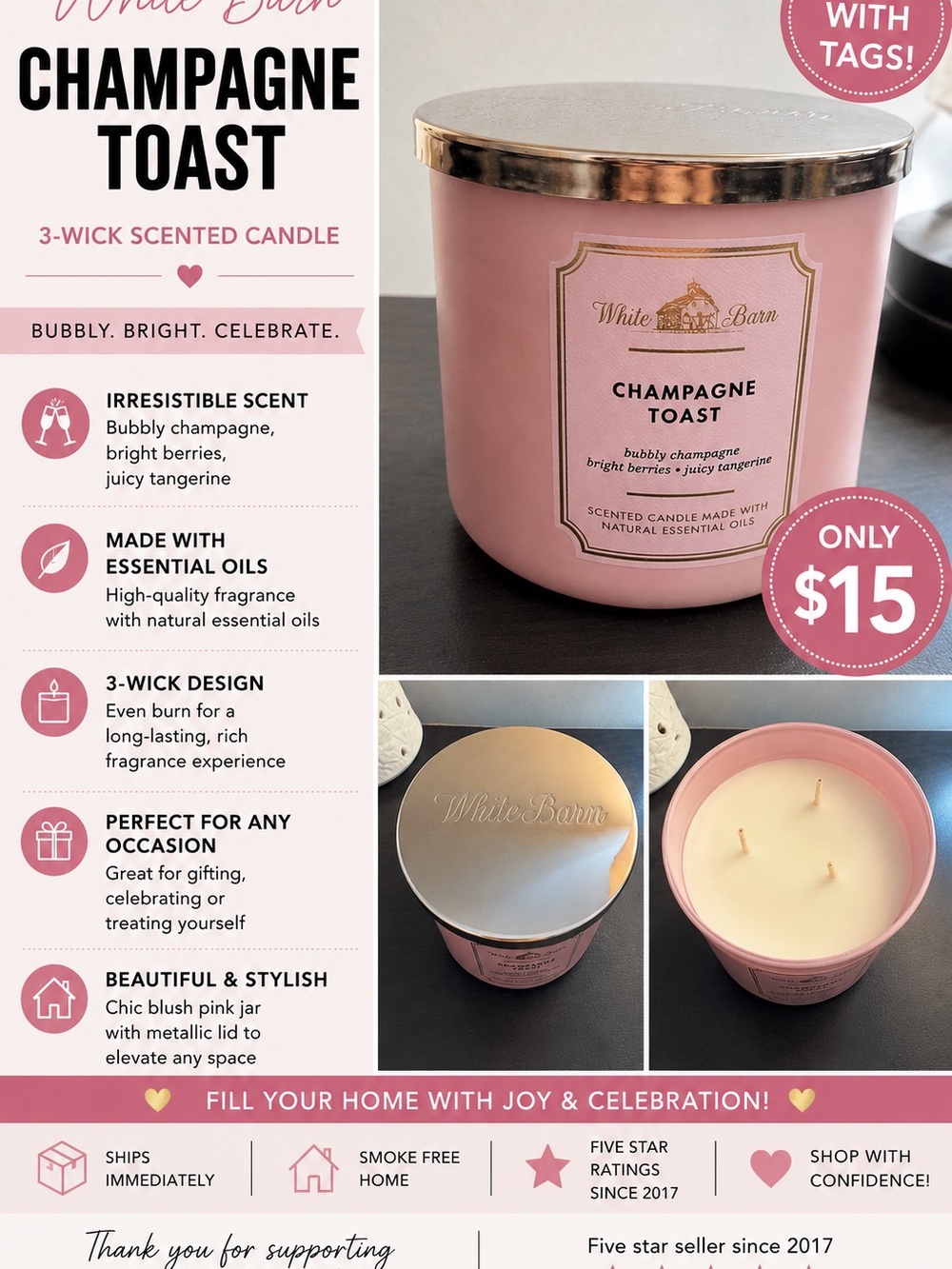 White Barn Champagne Toast 3-Wick Candle | Pink | NWT - Picture 1 of 1